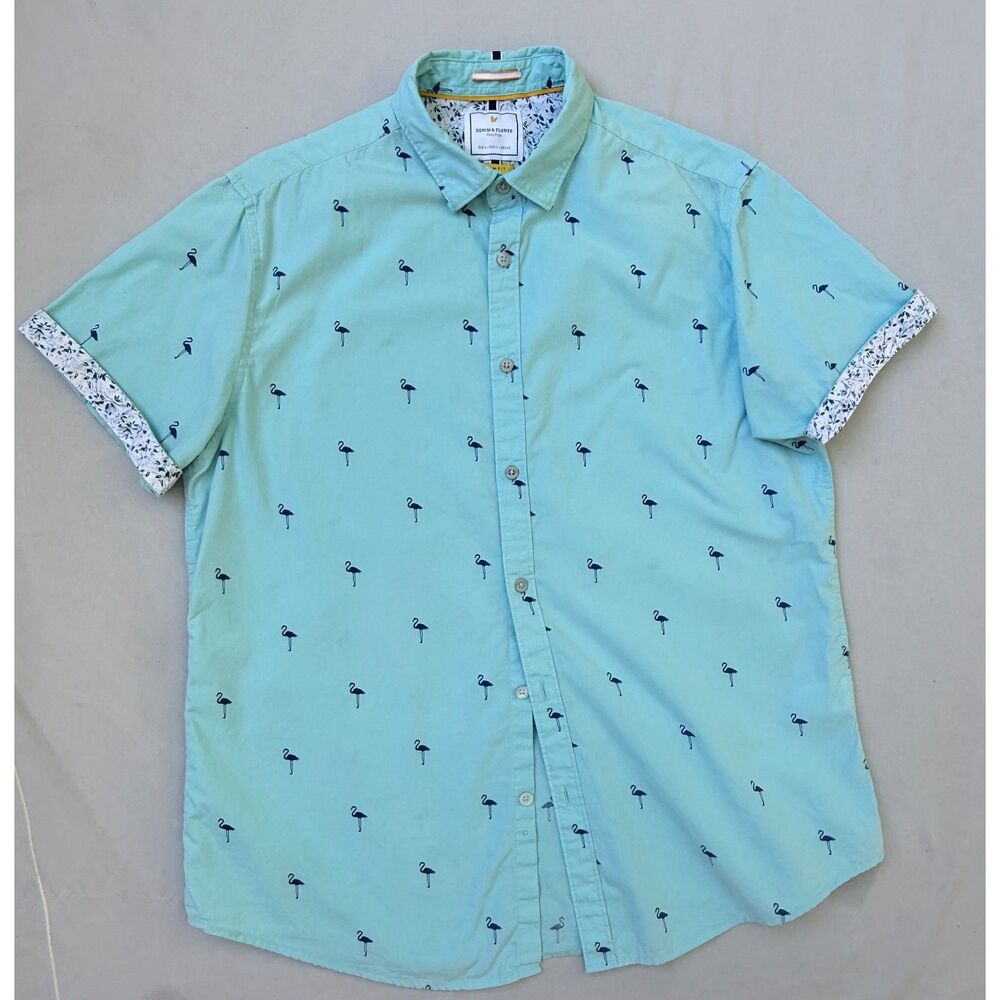 Denim & Flower Ricky Singh Mens L Slim Fit Flamingo Button Up Shirt 100% Cotton